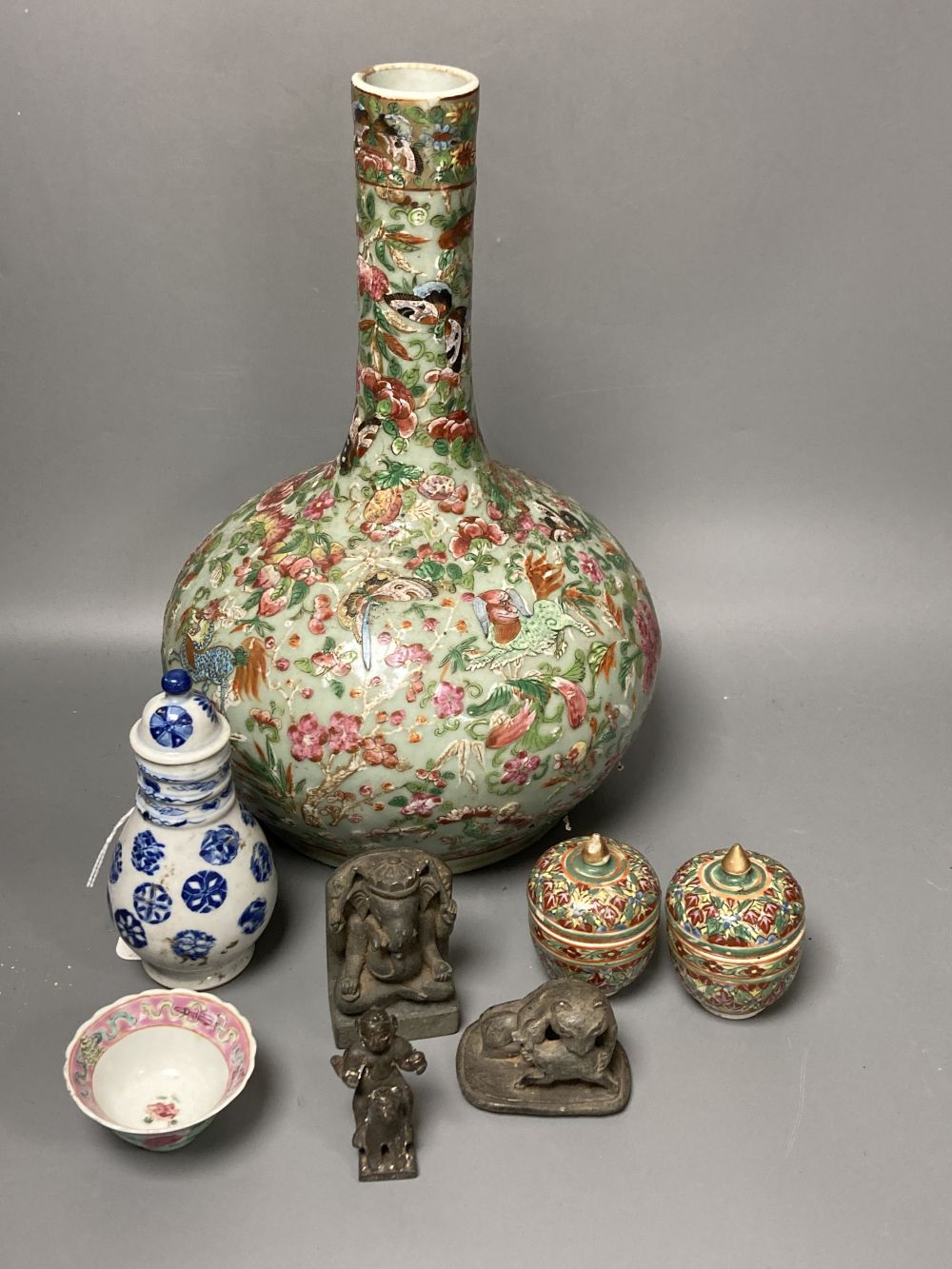 A Chinese blue and white vase & cover, a celadon vase, pair pots & covers,  miniature dish, cast iron bronze an 2 other items